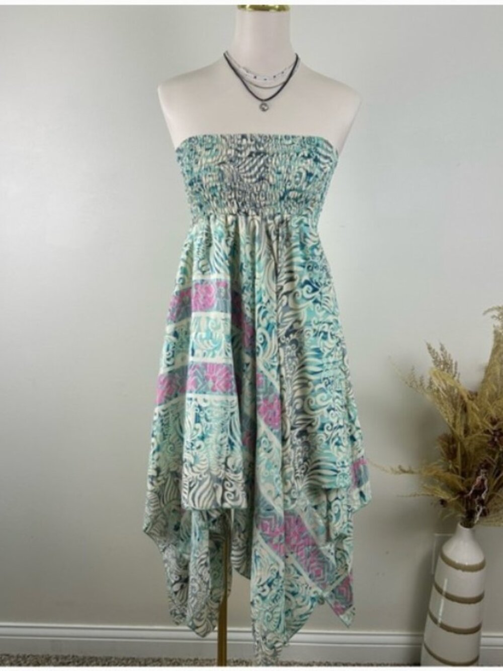 Etc Silk Blend Smocked 2-in-1 Handkerchief Midi Dress Skirt NWOT - Picture 2 of 10